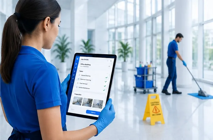 Pracownica sprawdza listę kontrolną zlecenia na tablecie